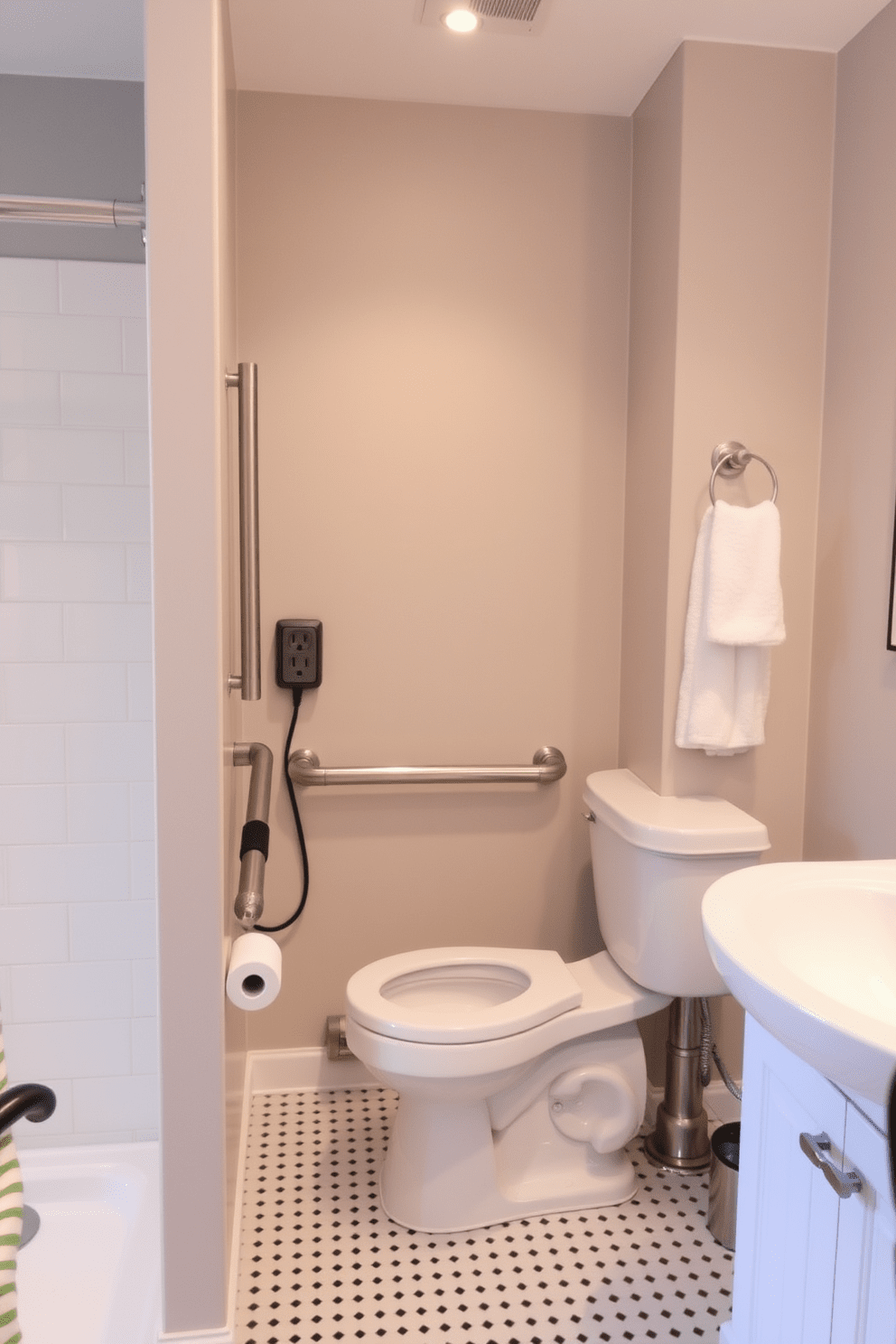 Aging in place bathroom design features accessible electrical outlets conveniently located near the vanity and other key areas. The design incorporates slip-resistant flooring and grab bars to enhance safety and ease of use for individuals of all ages.