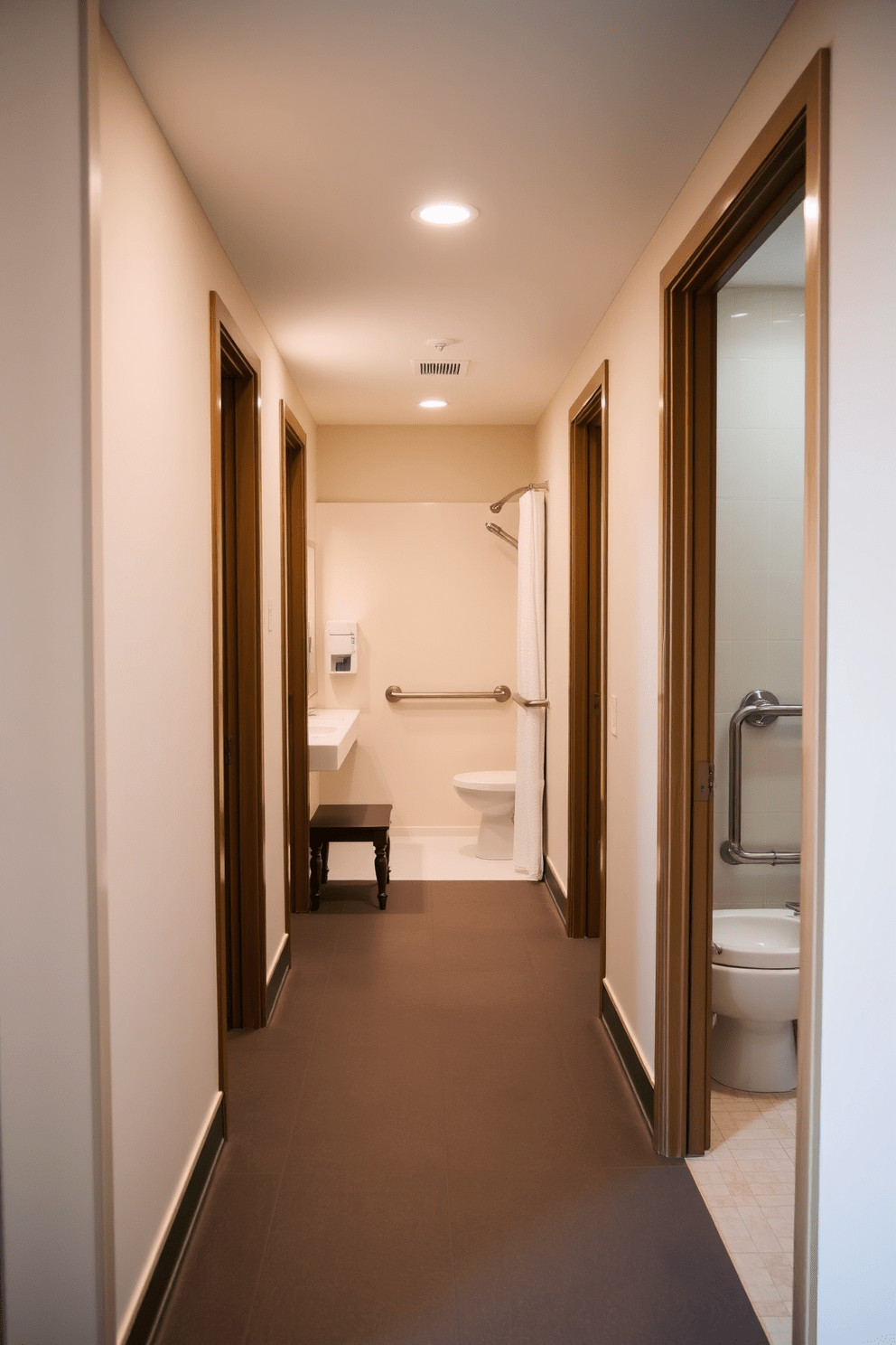 A seamless transition from the hallway leads into the bathroom, creating an inviting and accessible space. The bathroom features wide doorways and a non-slip floor, ensuring safety and ease of movement for all users. The design includes a roll-in shower with grab bars and a shower bench for added convenience. Soft lighting and contrasting colors enhance visibility while maintaining a warm and welcoming atmosphere.