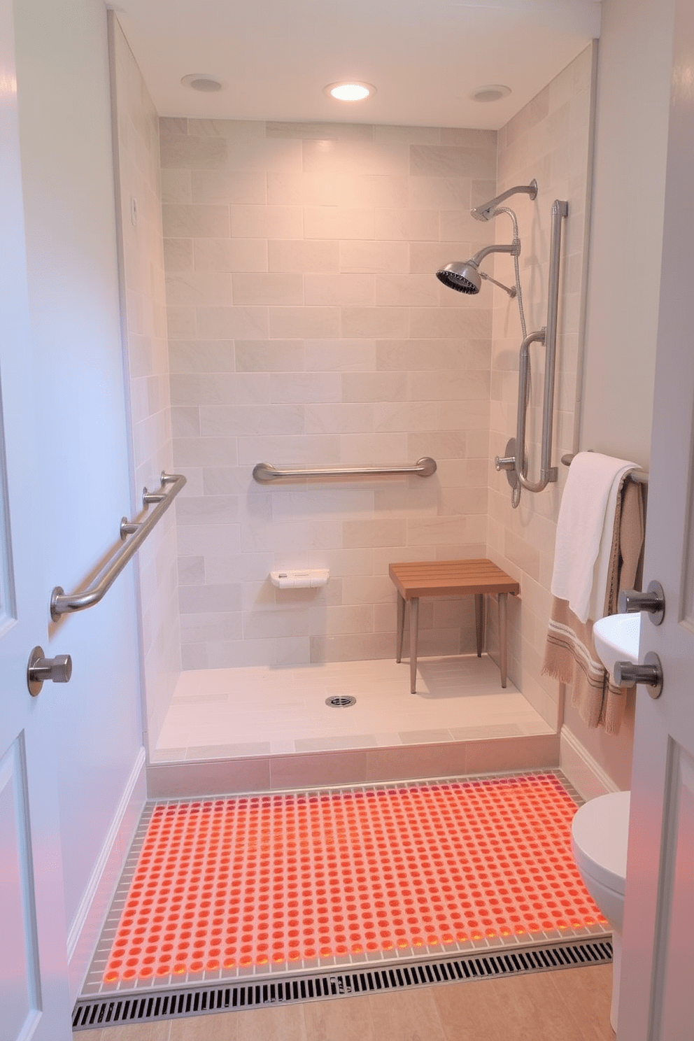 Heated flooring creates a warm and inviting atmosphere in the bathroom, ensuring comfort during cold winter months. The design incorporates slip-resistant tiles and grab bars for safety, allowing for ease of movement. The layout features a curbless shower with a bench for accessibility, enhancing the overall functionality of the space. Soft, natural lighting complements the neutral color palette, creating a serene environment for relaxation.