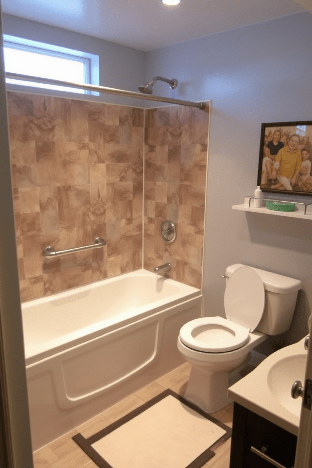 Aging in place bathroom design that incorporates personalized safety features for individual needs. The layout includes grab bars near the shower and toilet, a walk-in tub with a built-in seat, and non-slip flooring for added security.