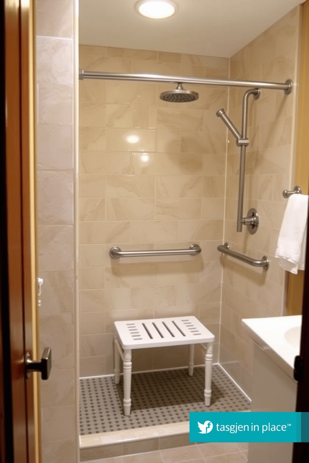 Aging in Place bathroom design featuring strategically placed grab bars for support. The layout includes a walk-in shower with a bench and non-slip flooring for safety and accessibility.