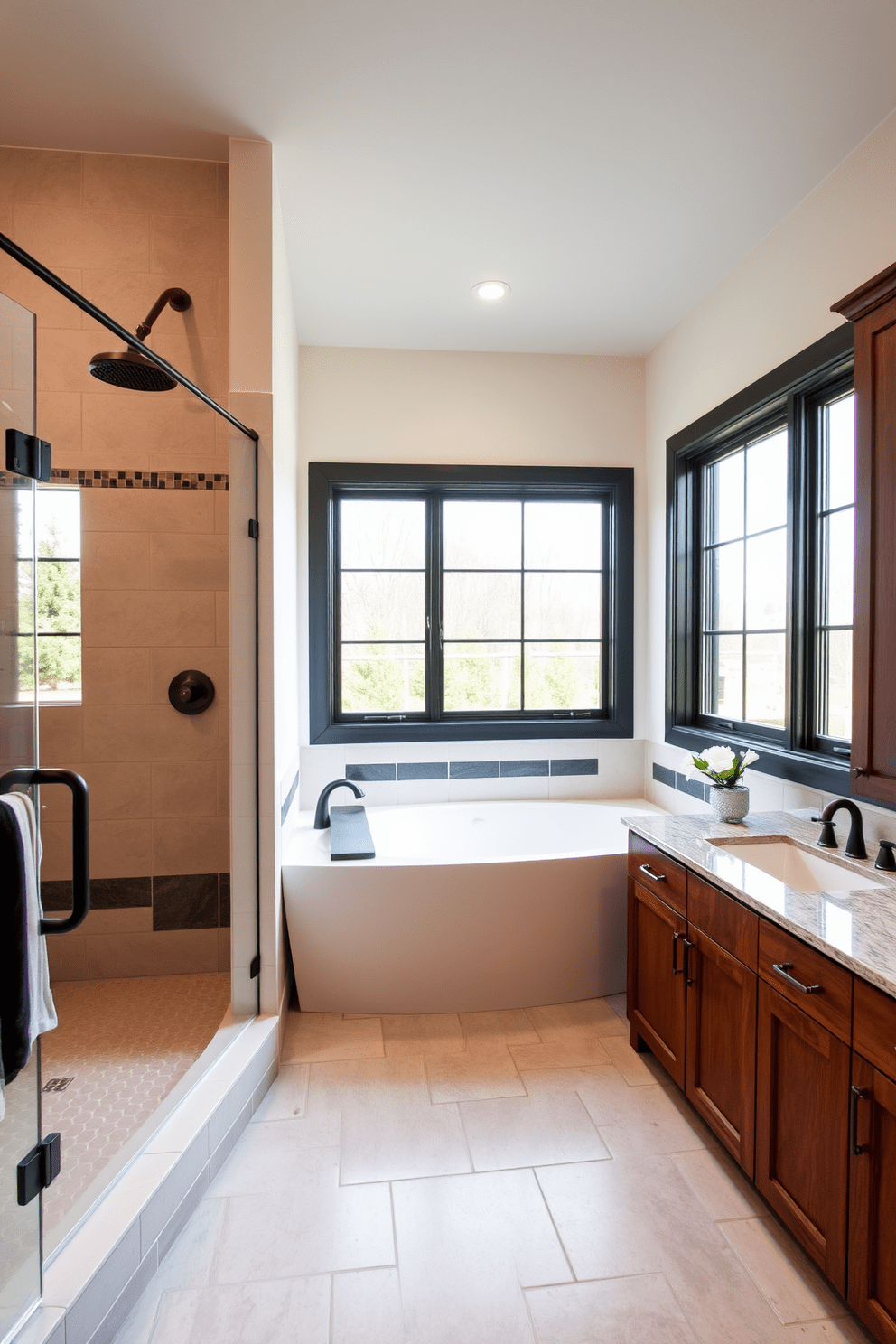 Aging in Place bathroom design that combines functionality and elegance. The layout includes a curbless shower with grab bars and a bench for safety, complemented by a stylish freestanding tub. The color palette features soft neutrals with contrasting dark accents for a modern touch. Ample natural light floods the space through a large window, enhancing the warm tones of the wood cabinetry and non-slip flooring.