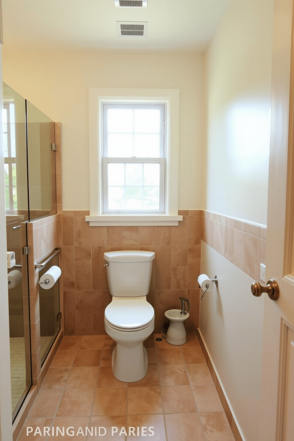 A comfort height toilet is installed in a spacious bathroom designed for aging in place. The toilet features a sleek, modern design with a soft-close seat, ensuring both comfort and accessibility. The bathroom includes grab bars next to the toilet for added safety and support. Natural light floods the space through a large window, enhancing the warm tones of the tile and fixtures.