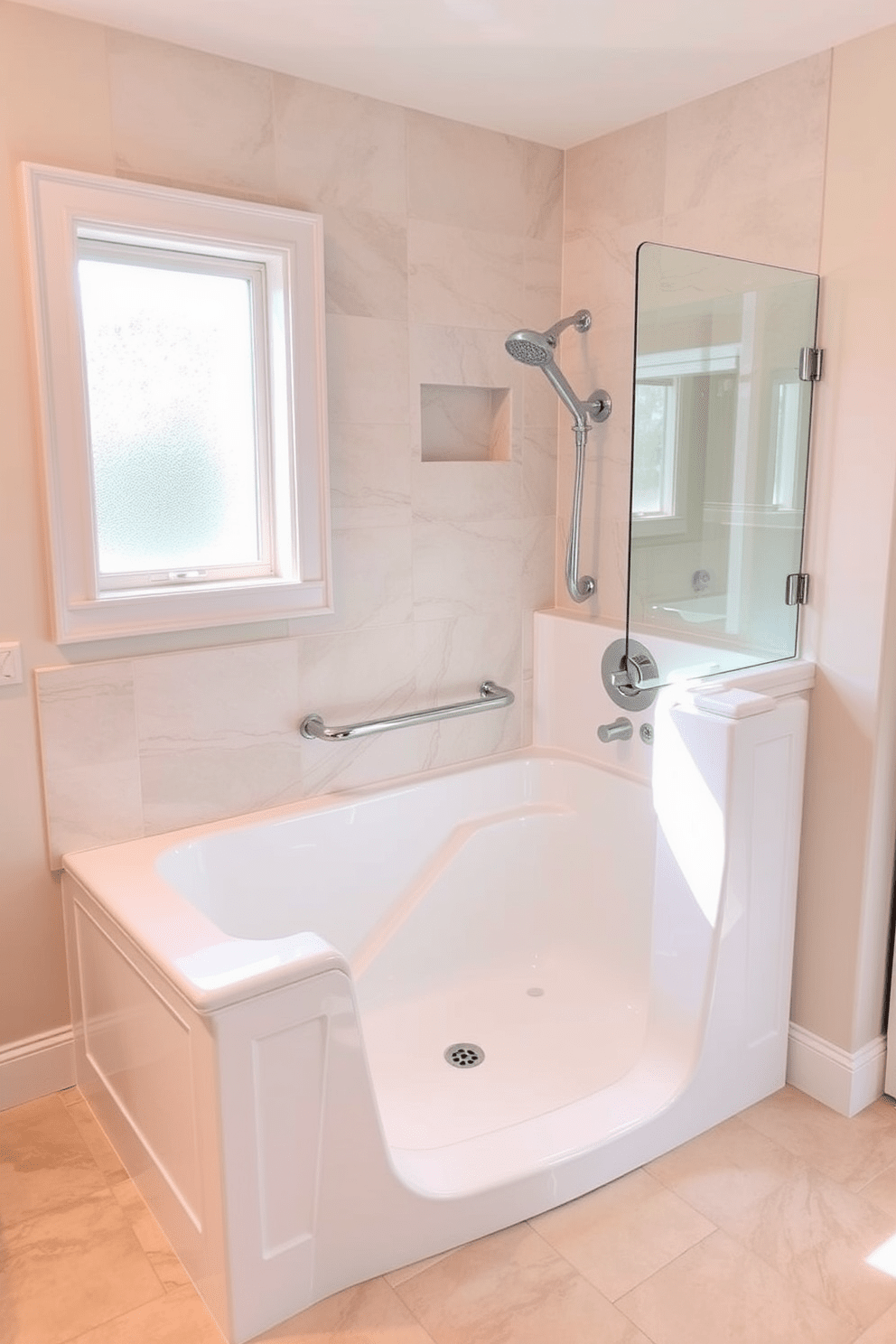 A spacious walk-in bathtub designed with safety features such as grab bars and a non-slip surface. The bathtub is surrounded by elegant tiles in soft, neutral tones, creating a calming atmosphere. The bathroom includes a comfortable seating area for easy access and a stylish shower with a built-in bench. Natural light floods the space through a frosted window, enhancing the inviting and functional design.