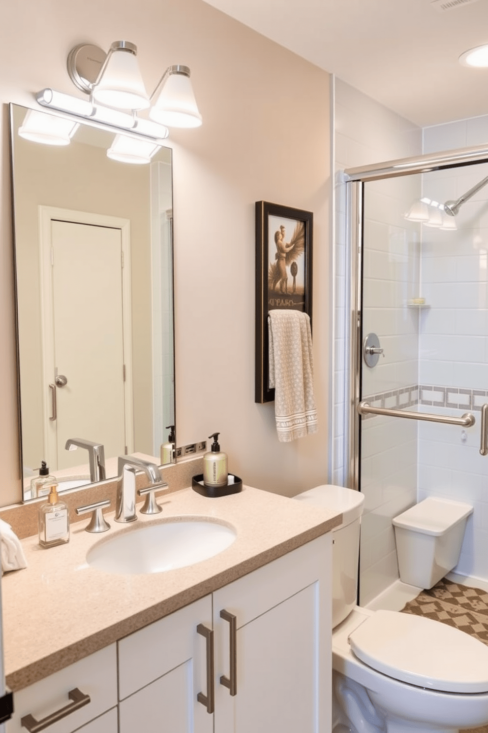 A lighted makeup mirror with magnification is positioned above a stylish sink with a modern faucet. The surrounding area features ample counter space adorned with elegant toiletries and a soft, decorative mat. The aging in place bathroom design emphasizes accessibility and comfort. Grab bars are strategically placed near the shower and toilet, while a walk-in shower with a bench ensures safety and convenience.