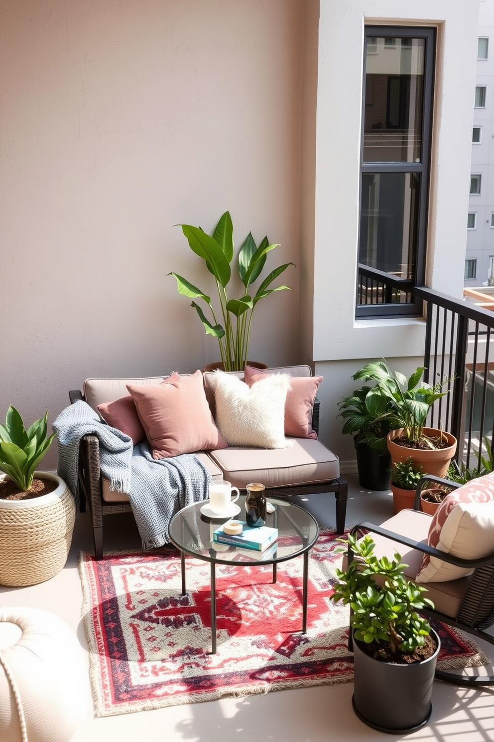 Cozy seating area with plush cushions and soft throws is designed for relaxation. The balcony features a stylish outdoor rug, potted plants, and a small coffee table for drinks and snacks.