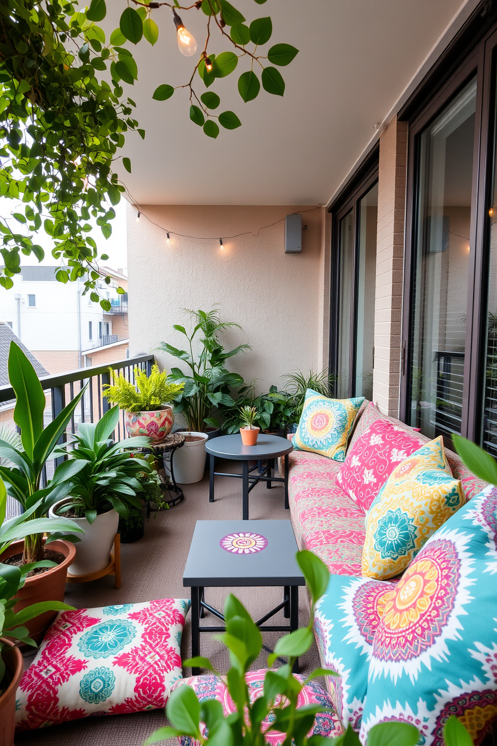 Outdoor cushions in vibrant patterns adorn a stylish apartment balcony. The space features a cozy seating arrangement with a small table, surrounded by lush green plants and twinkling string lights overhead.