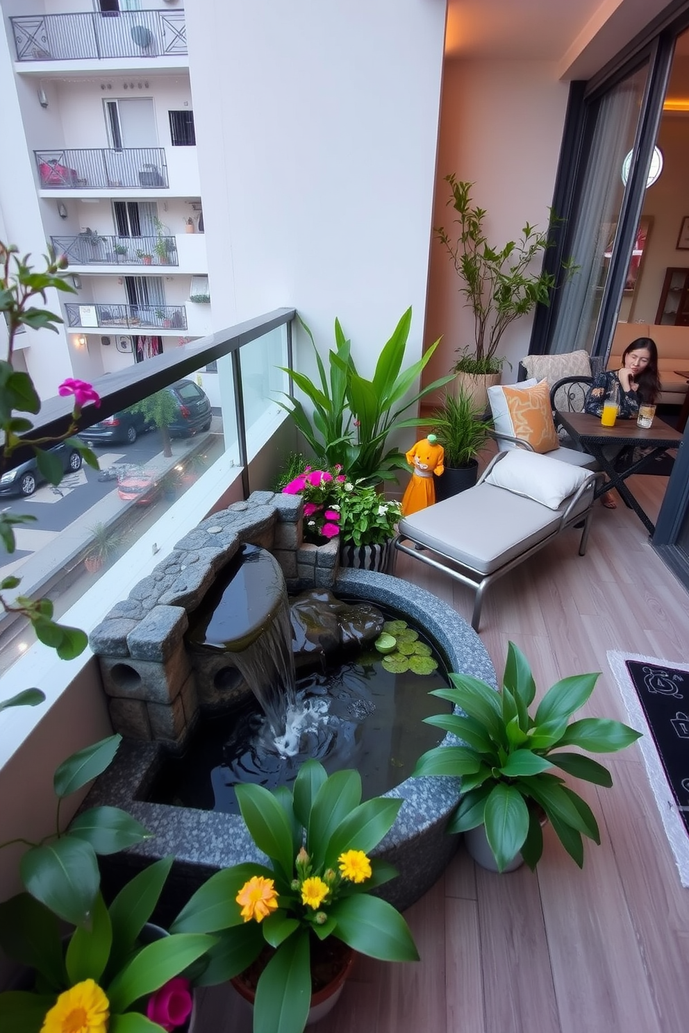 A serene miniature water feature is placed at the corner of the apartment balcony, surrounded by lush green plants and colorful flowers. The gentle sound of flowing water creates a calming atmosphere, inviting relaxation and tranquility. The balcony is adorned with comfortable seating options, including a cozy lounge chair and a small table for drinks. Soft, ambient lighting enhances the space, making it perfect for evening relaxation or entertaining guests.