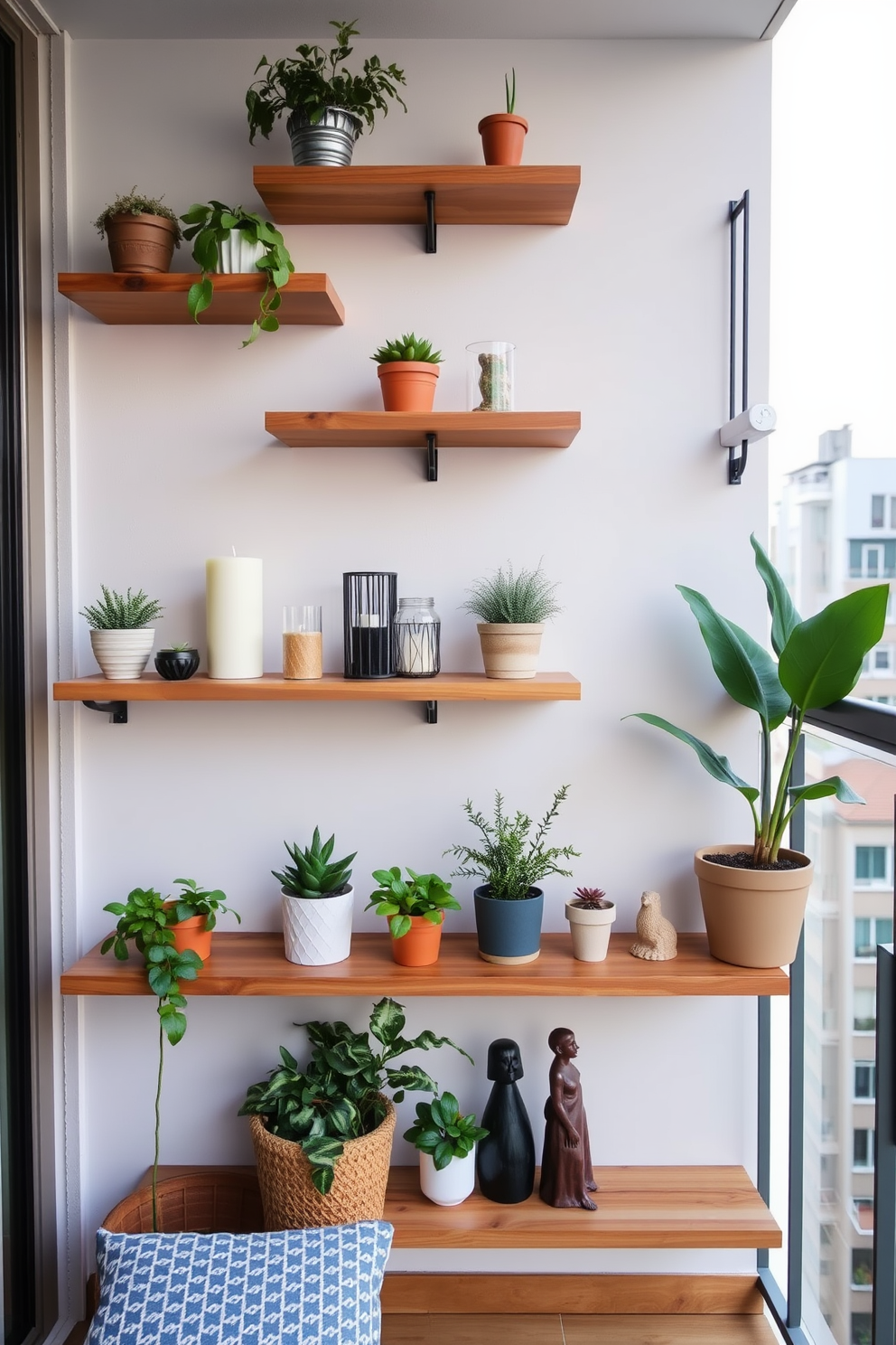 A stylish apartment balcony features wall-mounted shelves adorned with decorative items. The shelves are made of natural wood and are arranged in a staggered pattern, showcasing potted plants, candles, and small sculptures.