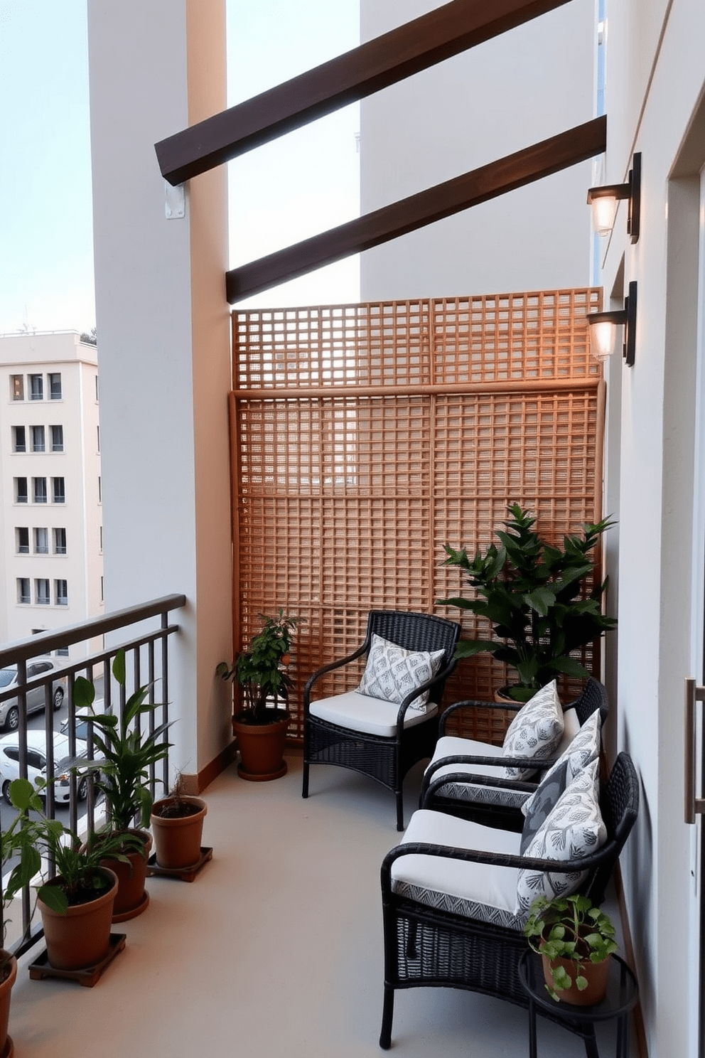 A tranquil apartment balcony featuring a privacy screen made of bamboo, providing a serene atmosphere. The balcony is adorned with potted plants and comfortable seating, creating a cozy retreat for relaxation. The lattice privacy screen adds a touch of elegance while allowing light to filter through. Soft outdoor lighting enhances the ambiance, making it perfect for evening gatherings.