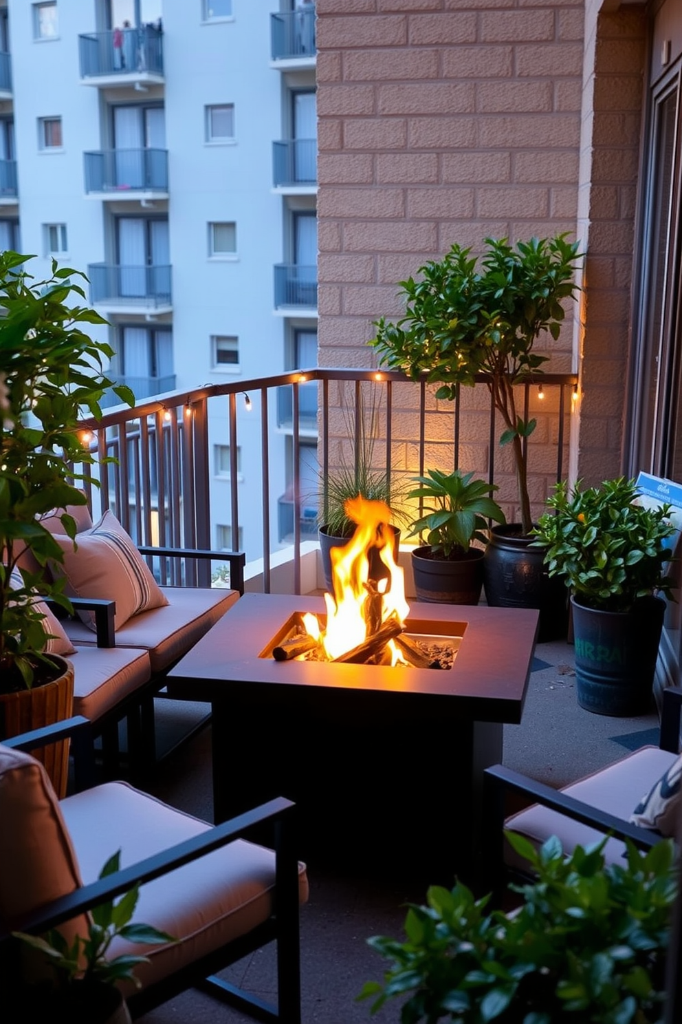 A compact fire pit sits at the center of a cozy apartment balcony, surrounded by comfortable seating. Lush potted plants and soft outdoor lighting create an inviting atmosphere for evening gatherings.