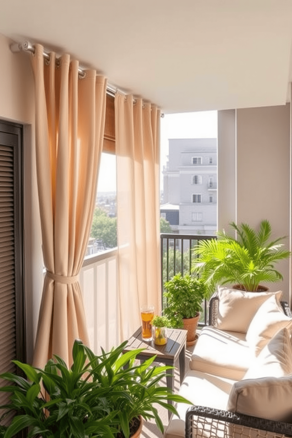 Create an inviting apartment balcony design featuring outdoor curtains that enhance privacy. The curtains are made of a lightweight fabric in a soft neutral tone, elegantly draping from a stylish rod above the balcony railing. Incorporate comfortable seating with plush cushions and a small table for drinks. Add potted plants along the edges to create a lush, green atmosphere that complements the curtains.