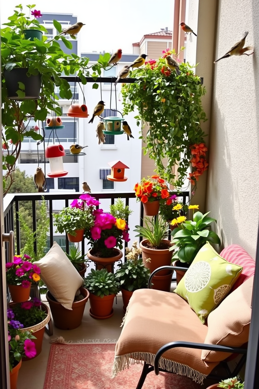 A charming apartment balcony designed to attract wildlife features an array of colorful bird feeders hanging from the railing. The space is adorned with potted plants and flowers that provide a vibrant backdrop, creating a welcoming environment for birds. Cozy seating is arranged in one corner, allowing residents to enjoy the lively sights and sounds of nature. Soft cushions and blankets add comfort, making it an inviting spot to relax while observing the visiting wildlife.