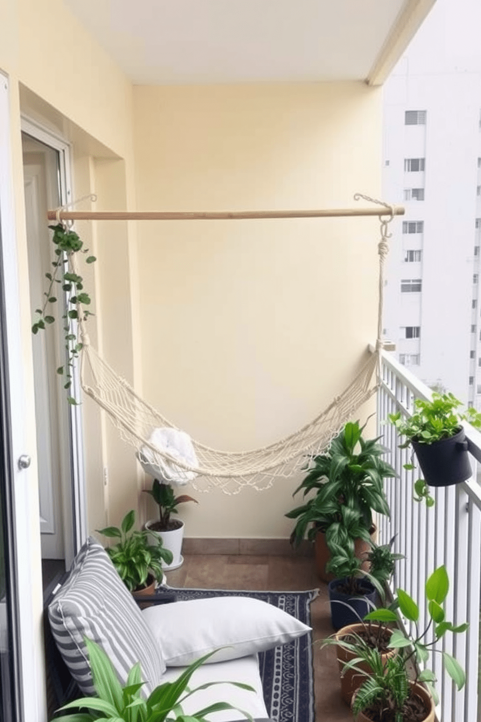 A cozy apartment balcony featuring a small hammock strung between two sturdy posts. The space is adorned with potted plants and soft outdoor cushions, creating an inviting atmosphere for lounging and relaxation.