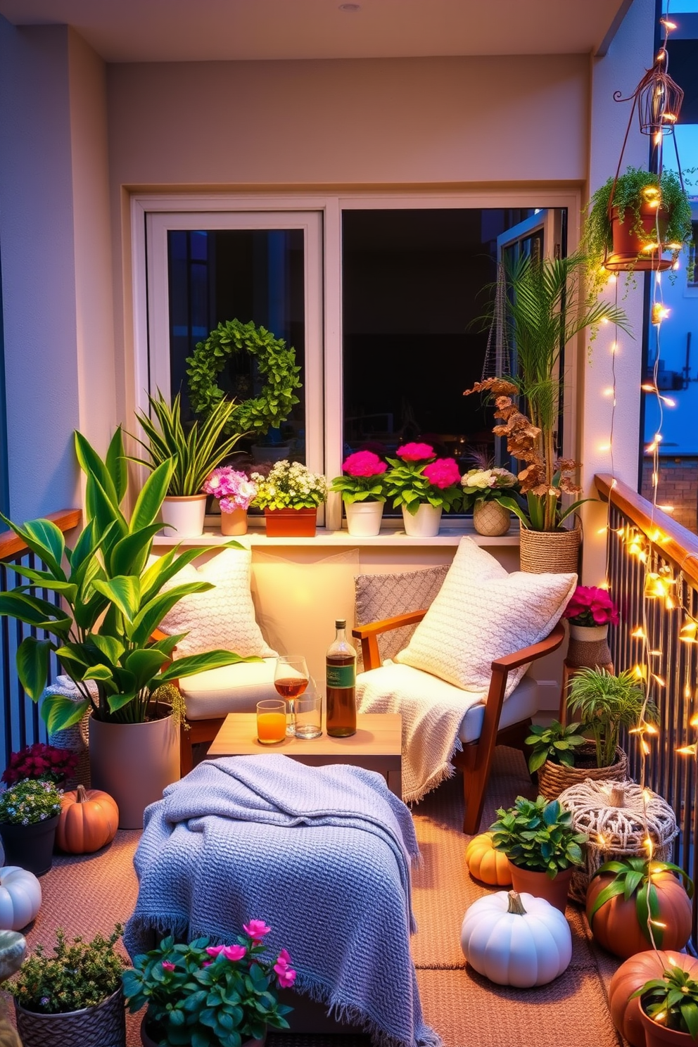 Create a cozy apartment balcony adorned with seasonal decor that reflects the changing weather. Include comfortable seating with plush cushions, a small table for drinks, and potted plants that transition with the seasons. In the spring, incorporate vibrant flowers and pastel accents, while summer should feature bright colors and tropical elements. For autumn, use warm tones and decorative pumpkins, and in winter, add cozy blankets and twinkling fairy lights for a festive touch.