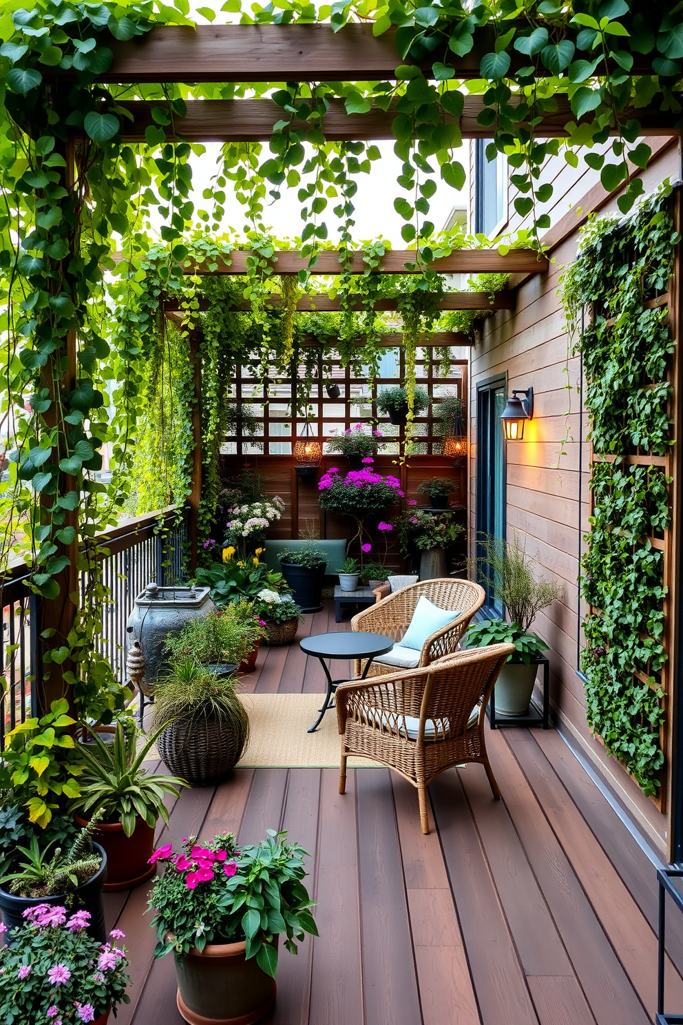 A serene terrace garden filled with lush climbing vines drapes gracefully over a wooden trellis. The space features a cozy seating area with woven chairs and a small table, surrounded by vibrant potted plants and flowering shrubs. The balcony is designed with a wooden deck, offering a warm and inviting atmosphere. Soft outdoor lighting enhances the ambiance, while a vertical garden on one wall adds a touch of greenery and texture.