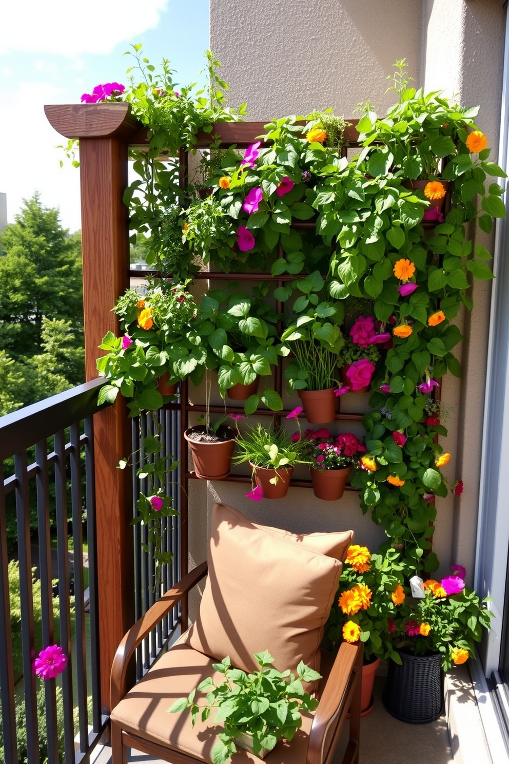 A vertical garden adorns the apartment balcony, featuring an array of vibrant potted herbs and colorful flowers. The lush greenery creates a serene atmosphere, inviting relaxation and enhancing the outdoor space. The design incorporates a wooden trellis to support the vertical garden, providing structure and visual interest. Comfortable seating is arranged nearby, allowing for enjoyment of the beautiful garden view.