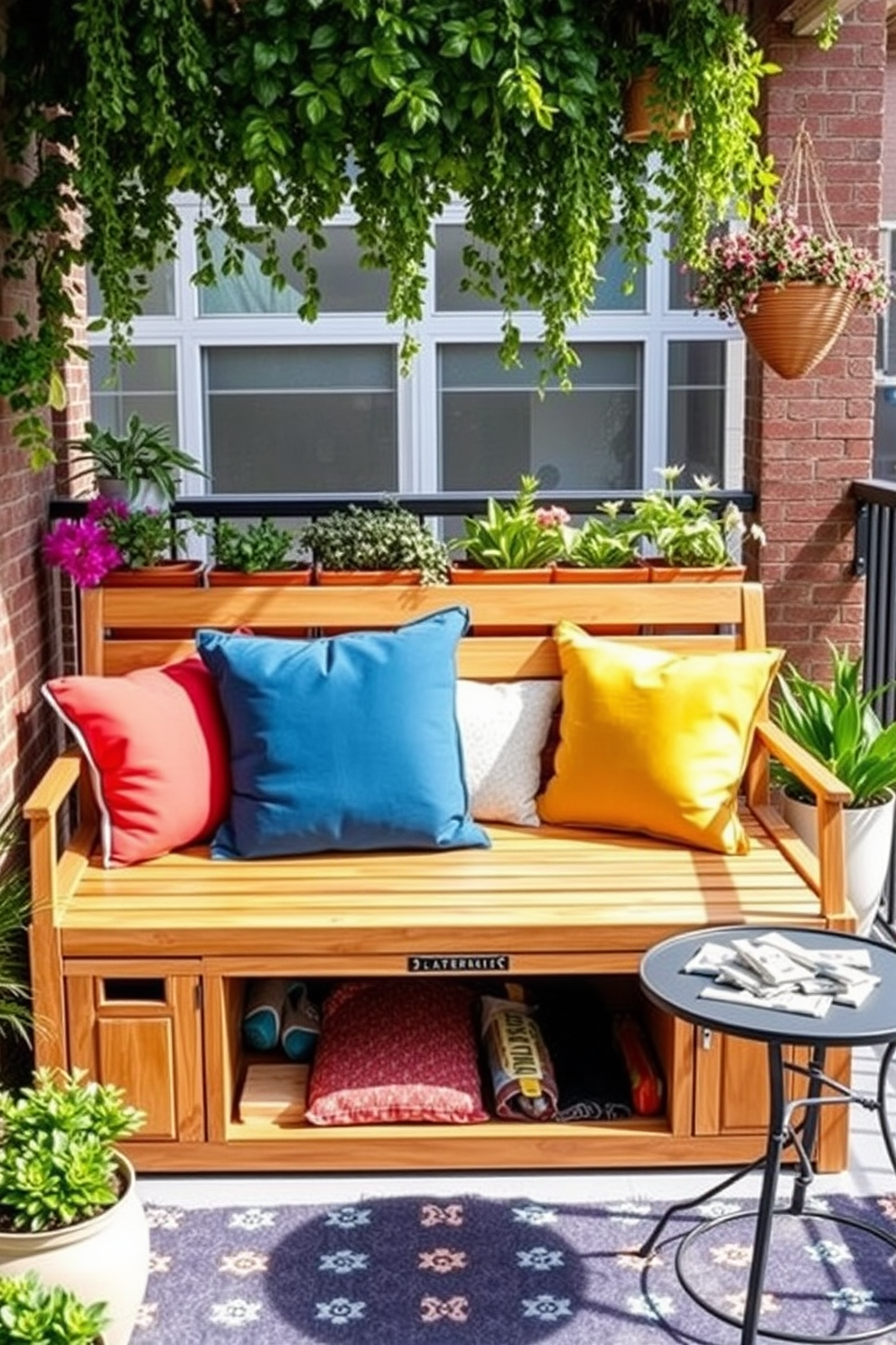 A stylish outdoor storage solution for cushions and tools is essential for maintaining a tidy apartment balcony. Imagine a sleek wooden bench with built-in storage compartments, adorned with soft, weather-resistant cushions in vibrant colors. The balcony is surrounded by lush potted plants and hanging greenery, creating a serene atmosphere. A small decorative table sits beside the bench, perfect for holding drinks and snacks during outdoor gatherings.