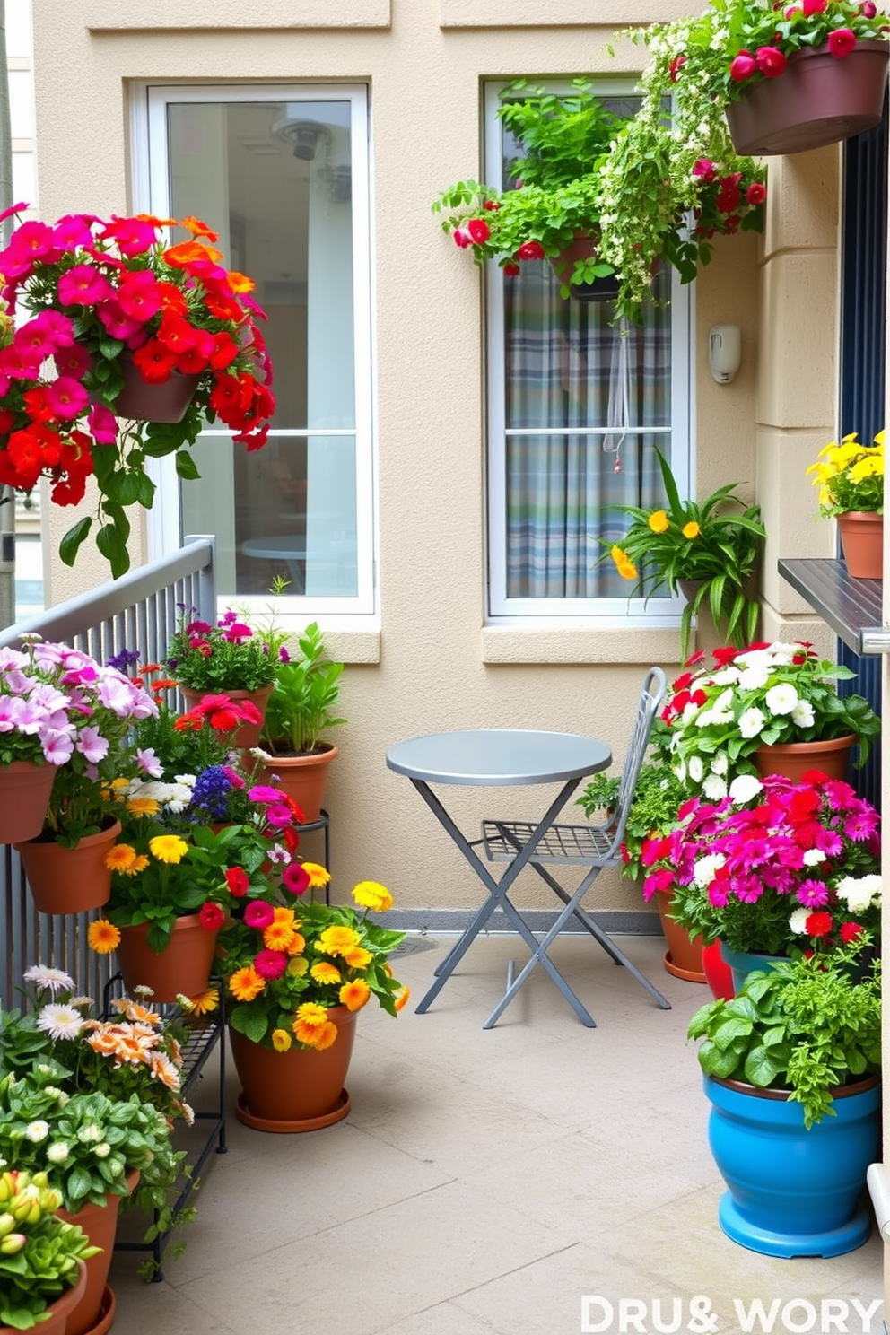 Colorful planters filled with vibrant flowers and lush greenery adorn the edges of a cozy apartment balcony. A small bistro table with two chairs sits in the center, inviting relaxation amidst the cheerful atmosphere.