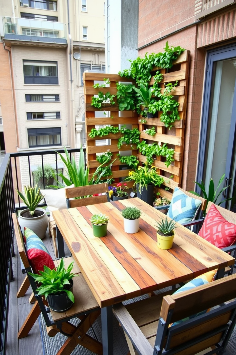 A stylish apartment balcony featuring furniture made from recycled materials. The space includes a reclaimed wood table surrounded by upcycled chairs, adorned with potted plants that enhance the eco-friendly aesthetic. The balcony is decorated with colorful cushions made from sustainable fabrics. A vertical garden made of recycled pallets adds greenery and serves as a focal point, creating a serene outdoor retreat.