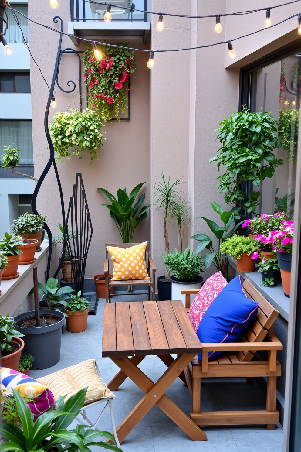 A stylish apartment balcony featuring a contemporary outdoor seating area. The space is adorned with vibrant potted plants and a striking metal sculpture that adds visual interest. Cozy string lights are draped overhead, creating a warm and inviting atmosphere. A small wooden table is set for two, complemented by colorful cushions that enhance the overall aesthetic.