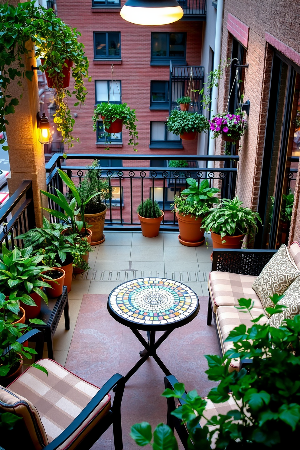 A charming apartment balcony features a mosaic table at the center, surrounded by comfortable seating arrangements. Lush greenery in pots and hanging planters adds vibrancy, while soft outdoor lighting creates a cozy atmosphere for evening gatherings.