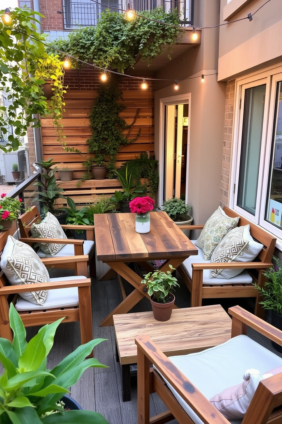 A cozy apartment balcony features sustainable furniture made from reclaimed wood. The space is adorned with potted plants and soft cushions, creating a tranquil outdoor oasis. The reclaimed wood table is surrounded by comfortable chairs, inviting relaxation and conversation. String lights overhead add a warm ambiance for evening gatherings.