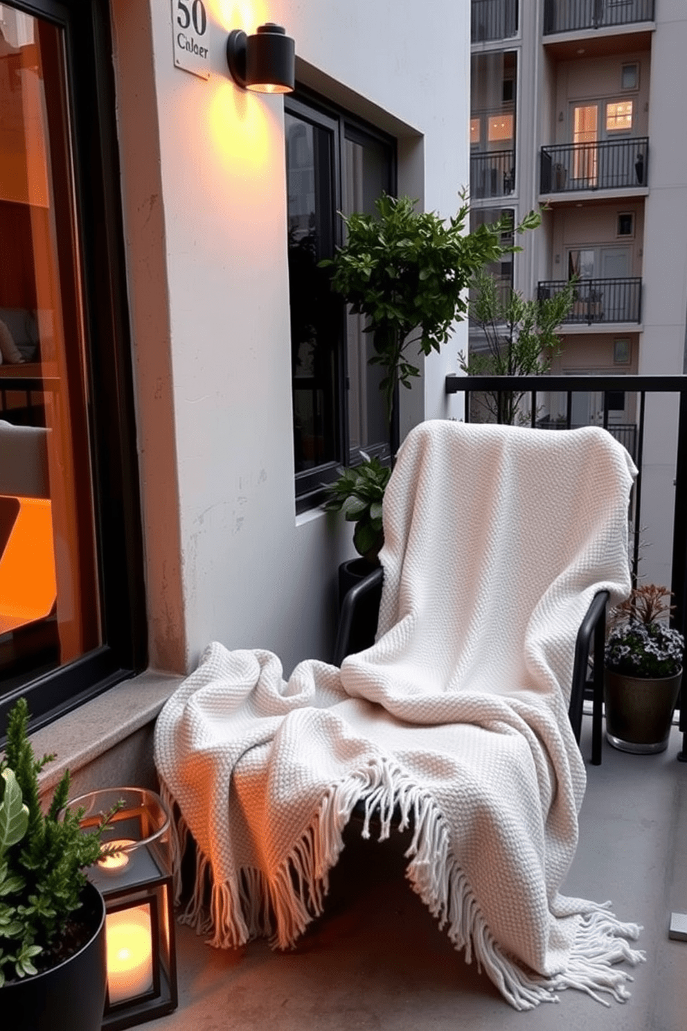 Cozy blankets draped over a stylish outdoor lounge chair create an inviting atmosphere on the apartment balcony. Potted plants and soft lighting add warmth, making it the perfect spot for relaxation during cooler evenings.