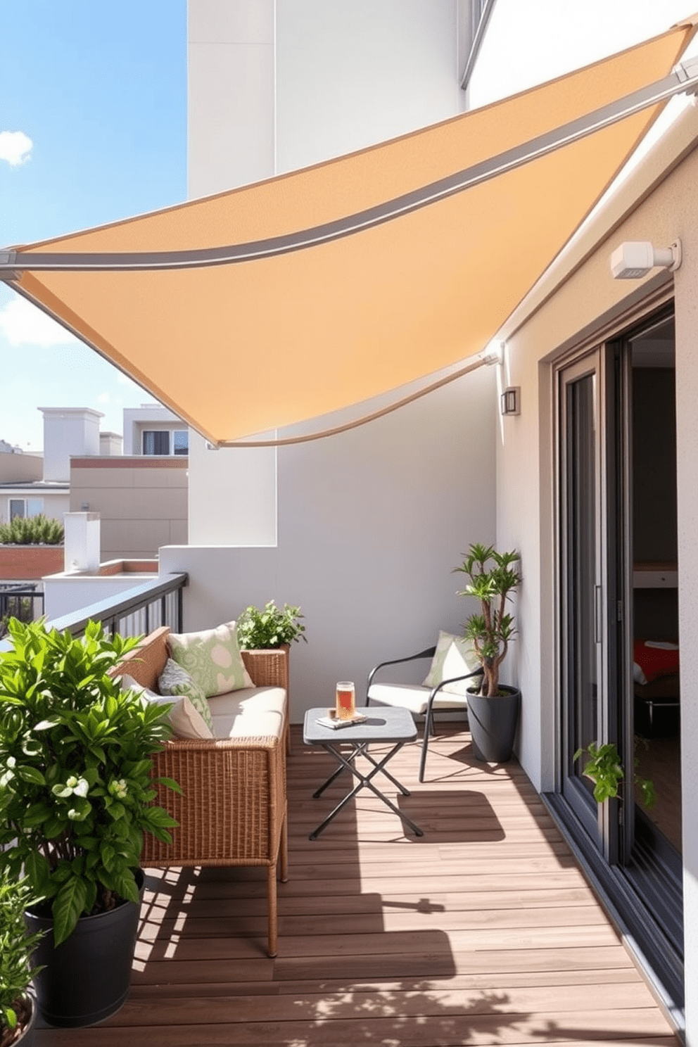 A stylish apartment balcony featuring a large sunshade that provides ample shade on sunny days. The balcony is adorned with comfortable outdoor furniture, including a cozy seating area and a small table for refreshments. Lush potted plants add a touch of greenery, creating a serene atmosphere. The flooring is made of weather-resistant decking, enhancing the overall aesthetic of the space.