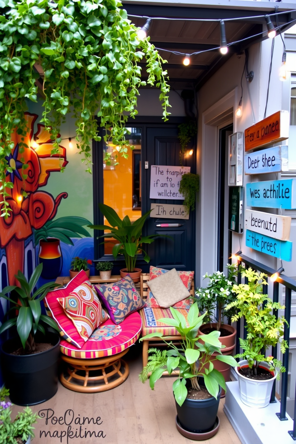 A charming apartment balcony adorned with personalized signs and unique artwork. The space features a cozy seating area with colorful cushions, surrounded by potted plants and hanging greenery. A vibrant mural on one wall adds character, while hand-painted signs with whimsical quotes create a welcoming atmosphere. Soft string lights illuminate the balcony, enhancing the inviting and creative vibe.