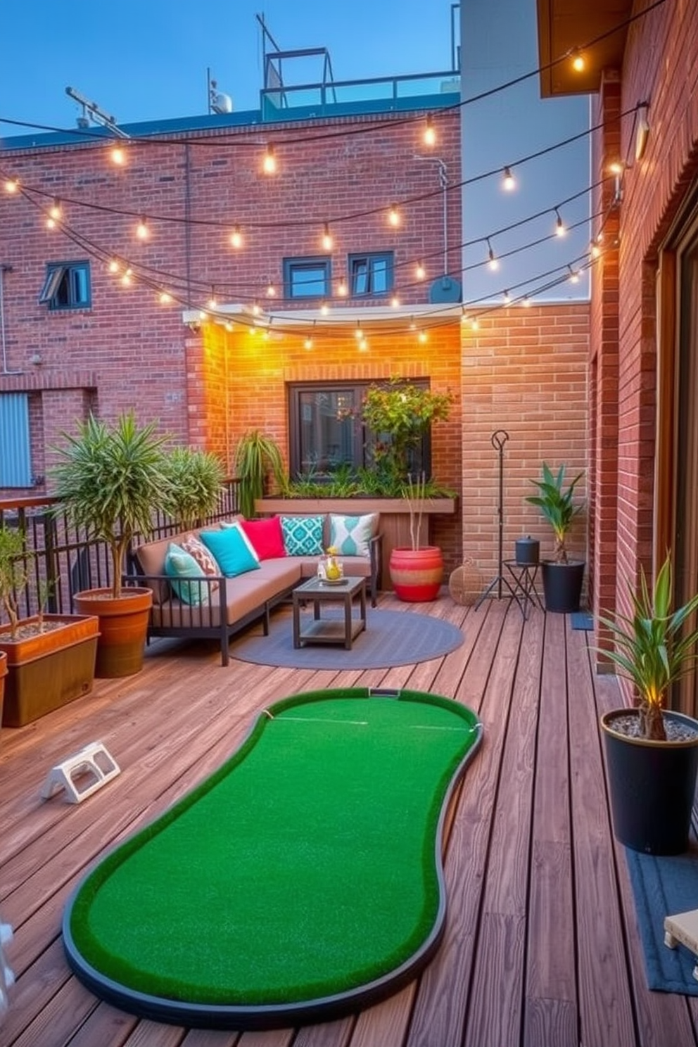 A cozy apartment balcony designed for outdoor games and entertainment. The space features a stylish seating area with colorful cushions and a small table for refreshments. A wooden deck is laid out with a compact putting green in one corner. String lights are hung above to create a warm and inviting atmosphere for evening gatherings.