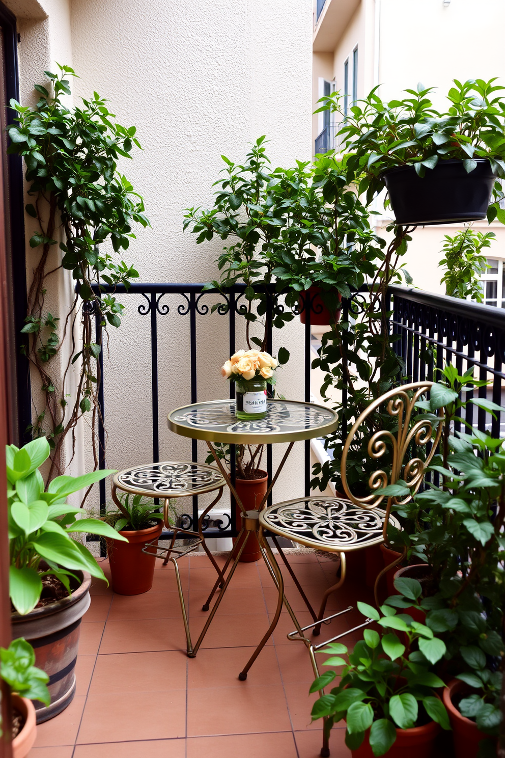 A charming apartment balcony features a small bistro table set for two, with elegant metal chairs that complement the table's design. Lush potted plants surround the area, adding a touch of greenery and creating a cozy atmosphere for intimate meals or morning coffee.