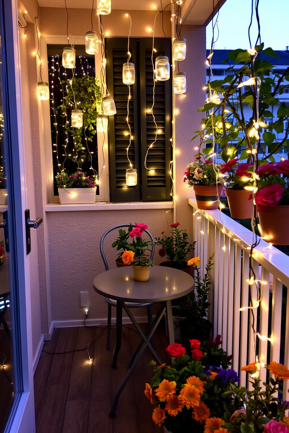 A cozy apartment balcony adorned with glass jars filled with fairy lights creates a magical ambiance. The balcony features a small bistro table with two chairs, surrounded by potted plants and vibrant flowers.