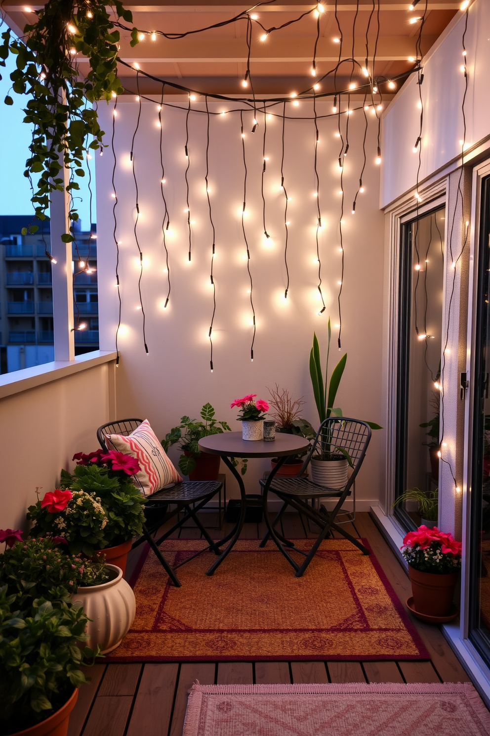 A cozy apartment balcony adorned with hanging string lights creates a warm and inviting atmosphere. The space features a small bistro table with two chairs, surrounded by vibrant potted plants and soft outdoor cushions. The wooden deck flooring adds a natural touch, while the string lights drape gracefully overhead, illuminating the area at dusk. A small outdoor rug anchors the seating area, providing comfort and style for evening gatherings.