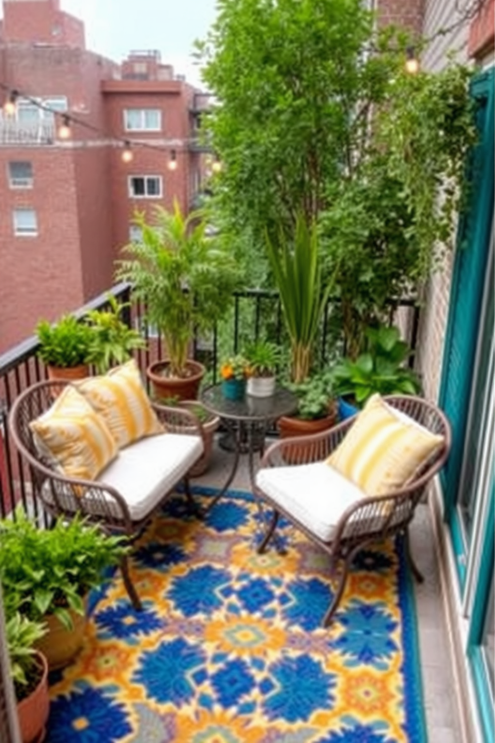 A vibrant outdoor rug adds a splash of color to the apartment balcony, creating a cozy and inviting space. The rug features a geometric pattern in shades of blue, yellow, and orange, complementing the surrounding greenery. Incorporating comfortable seating options like a small bistro table and cushioned chairs enhances the balcony's functionality. Potted plants and string lights create a warm ambiance, making it the perfect spot for relaxation or entertaining guests.