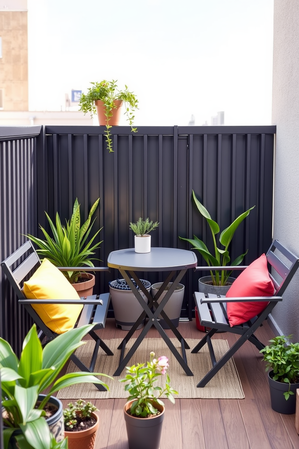 A stylish apartment balcony featuring foldable furniture that maximizes space while maintaining aesthetic appeal. The design includes a compact foldable table surrounded by two matching chairs, all in a sleek modern finish. The balcony is adorned with potted plants that add a touch of greenery and vibrancy. Soft outdoor cushions in coordinating colors provide comfort and enhance the overall inviting atmosphere.