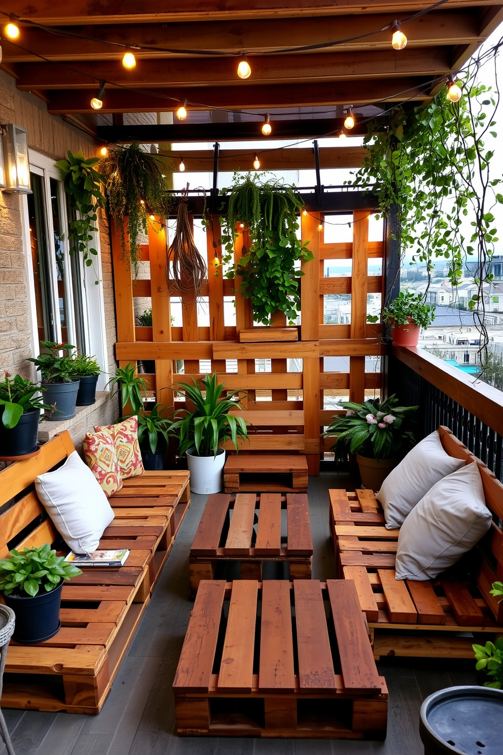 Wooden pallets are arranged creatively to form rustic seating options, providing a cozy and inviting atmosphere. The balcony is adorned with potted plants and soft cushions, enhancing the natural charm of the space. String lights are draped overhead, casting a warm glow during the evenings. A small wooden table complements the seating area, perfect for enjoying drinks or snacks while overlooking the view.