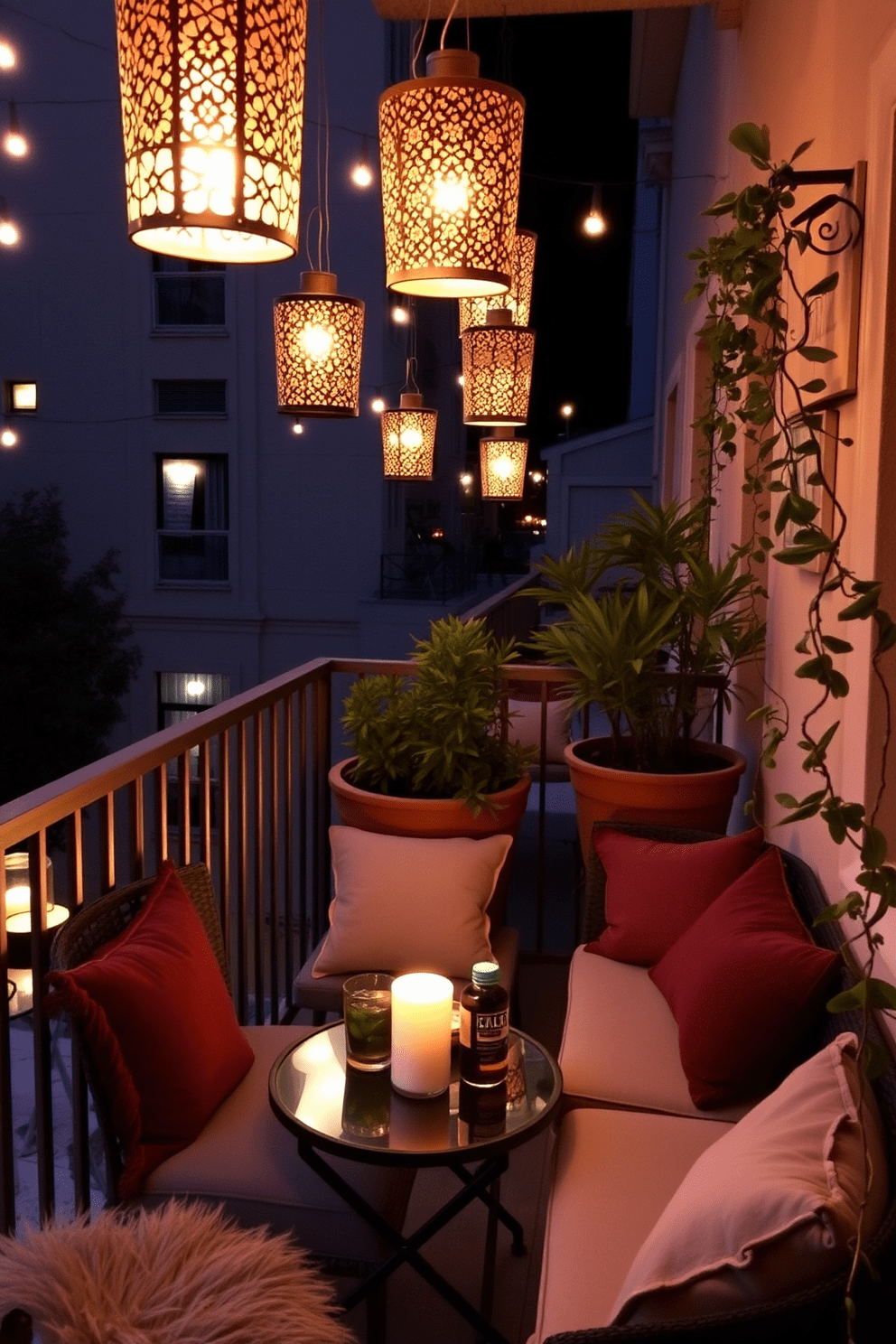 A cozy apartment balcony adorned with decorative lanterns that cast a warm glow in the evening. The space features comfortable seating with plush cushions and a small table for drinks, creating an inviting atmosphere for relaxation.