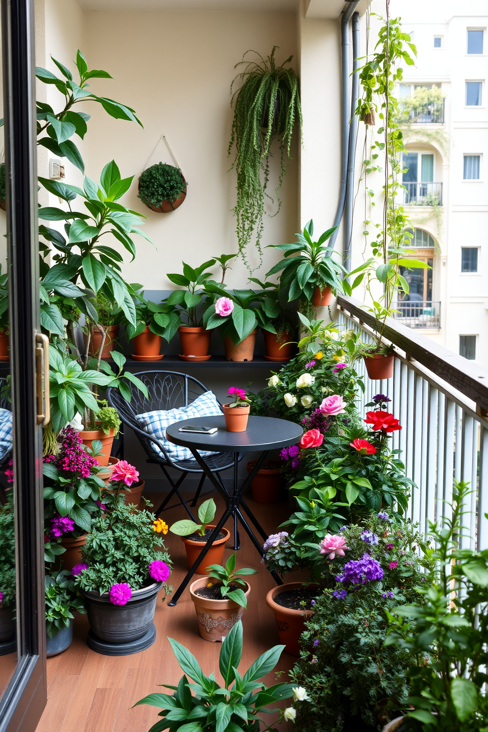 A stylish apartment balcony filled with various potted plants that add a fresh green touch. The balcony features a cozy seating area with a small table surrounded by lush greenery and colorful blooms.