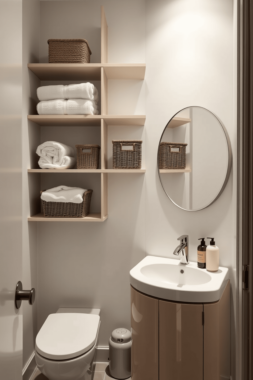 Maximize vertical storage with sleek, modern shelves in an apartment bathroom. The shelves are filled with neatly arranged towels and decorative baskets, creating an organized and stylish look. Incorporate a compact vanity with a glossy finish and a round mirror above it. Soft, ambient lighting illuminates the space, enhancing the calming atmosphere of the muted color palette.