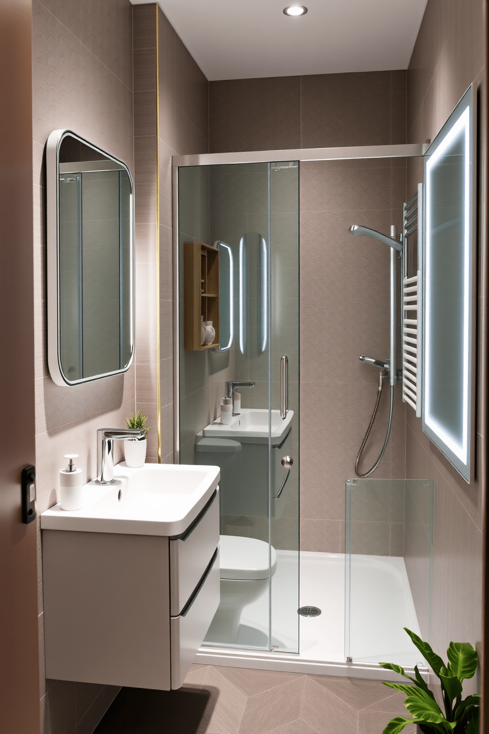 Create a modern apartment bathroom featuring multifunctional furniture that maximizes utility and style. Include a sleek wall-mounted vanity with integrated storage and a compact shower area that utilizes glass panels to create an open feel. Incorporate a foldable drying rack that can be hidden when not in use and a mirror with built-in lighting for added convenience. Use a neutral color palette with pops of greenery to enhance the space's freshness and tranquility.