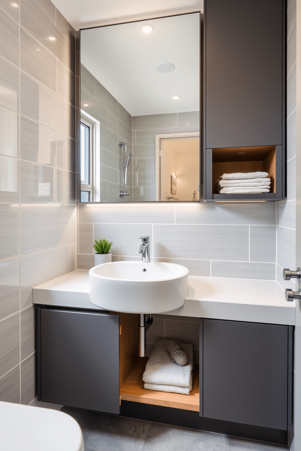 A modern apartment bathroom featuring innovative under-sink storage solutions. The design includes sleek cabinetry that maximizes space while maintaining a clean aesthetic. The walls are adorned with light gray tiles that reflect natural light, creating an airy feel. A stylish mirror hangs above the sink, complemented by contemporary fixtures and a pop of greenery from a small potted plant.