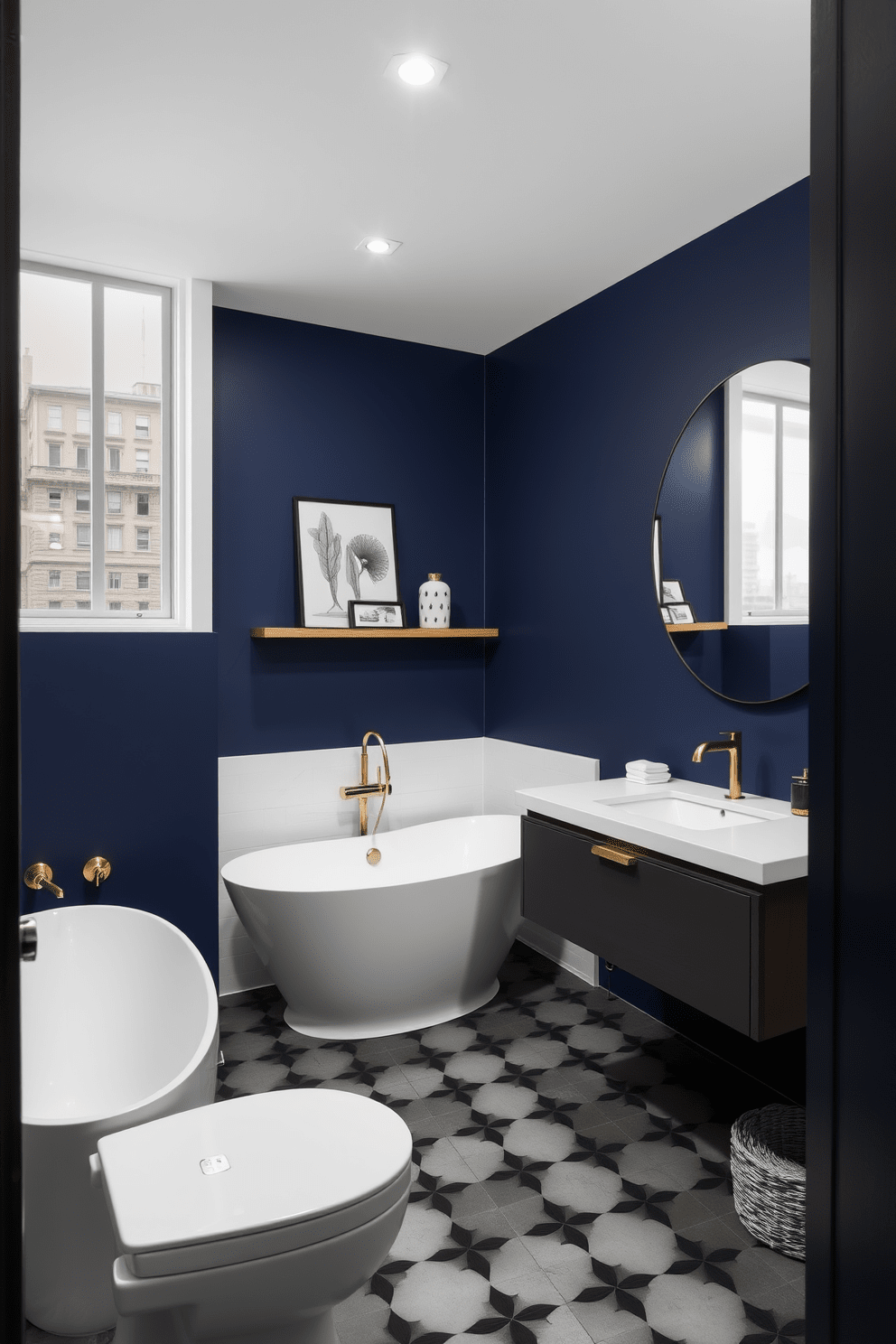 A striking apartment bathroom featuring a bold accent wall painted in deep navy blue. The space includes a sleek freestanding bathtub, complemented by gold fixtures and a minimalist wooden shelf displaying decorative items. The vanity is modern with a white countertop and a large round mirror that enhances the room's brightness. Stylish black and white tiles cover the floor, adding a contemporary touch to the overall design.