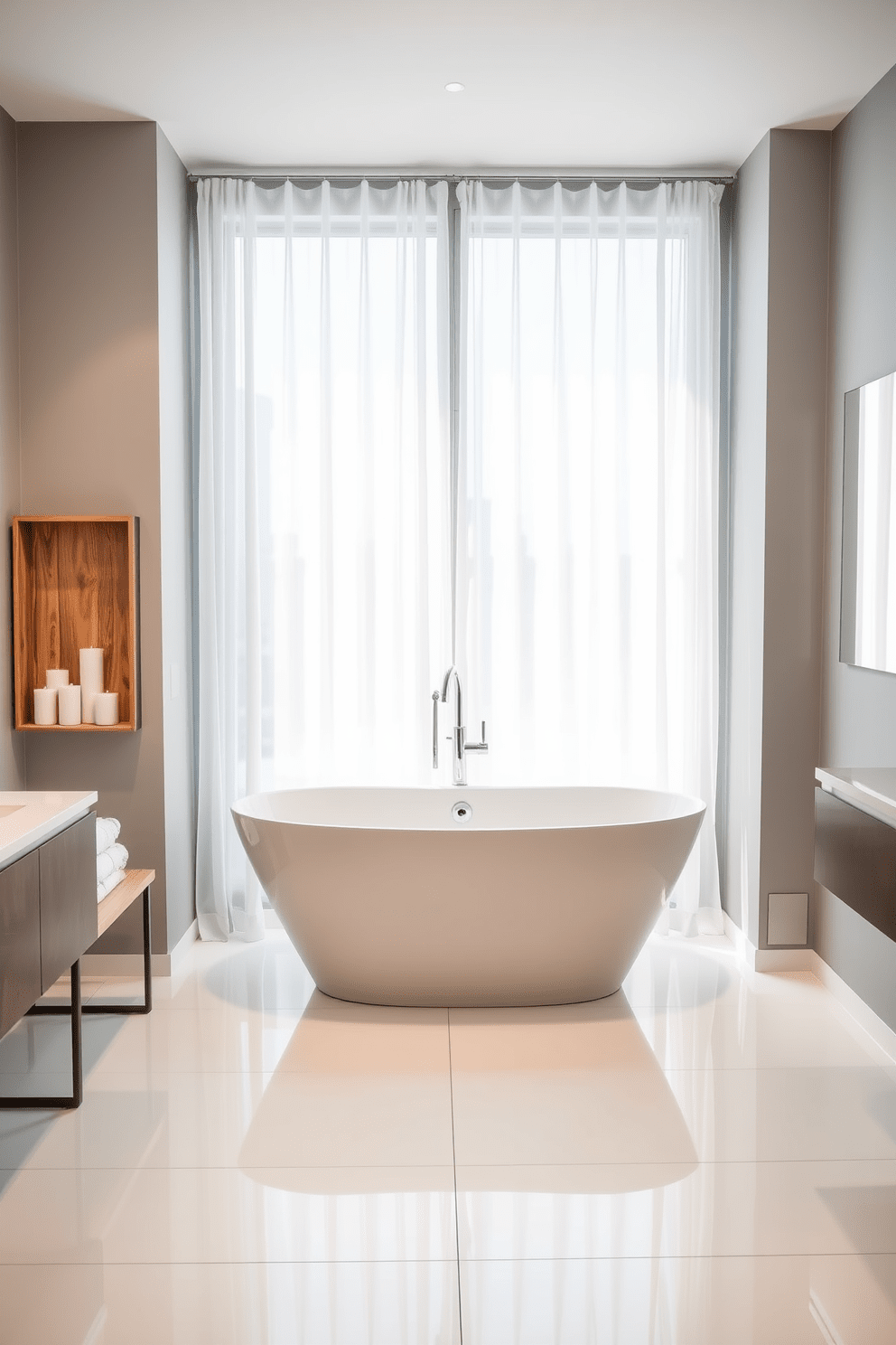 A sleek modern bathroom featuring a stylish freestanding bathtub centered against a large window with sheer white curtains. The walls are painted in a soft gray hue, and the floor is adorned with large format white tiles that create a clean and spacious feel. A minimalist wooden shelf holds neatly rolled towels and decorative candles, adding warmth to the space. A sleek modern faucet complements the freestanding tub, enhancing the contemporary aesthetic of the apartment bathroom.