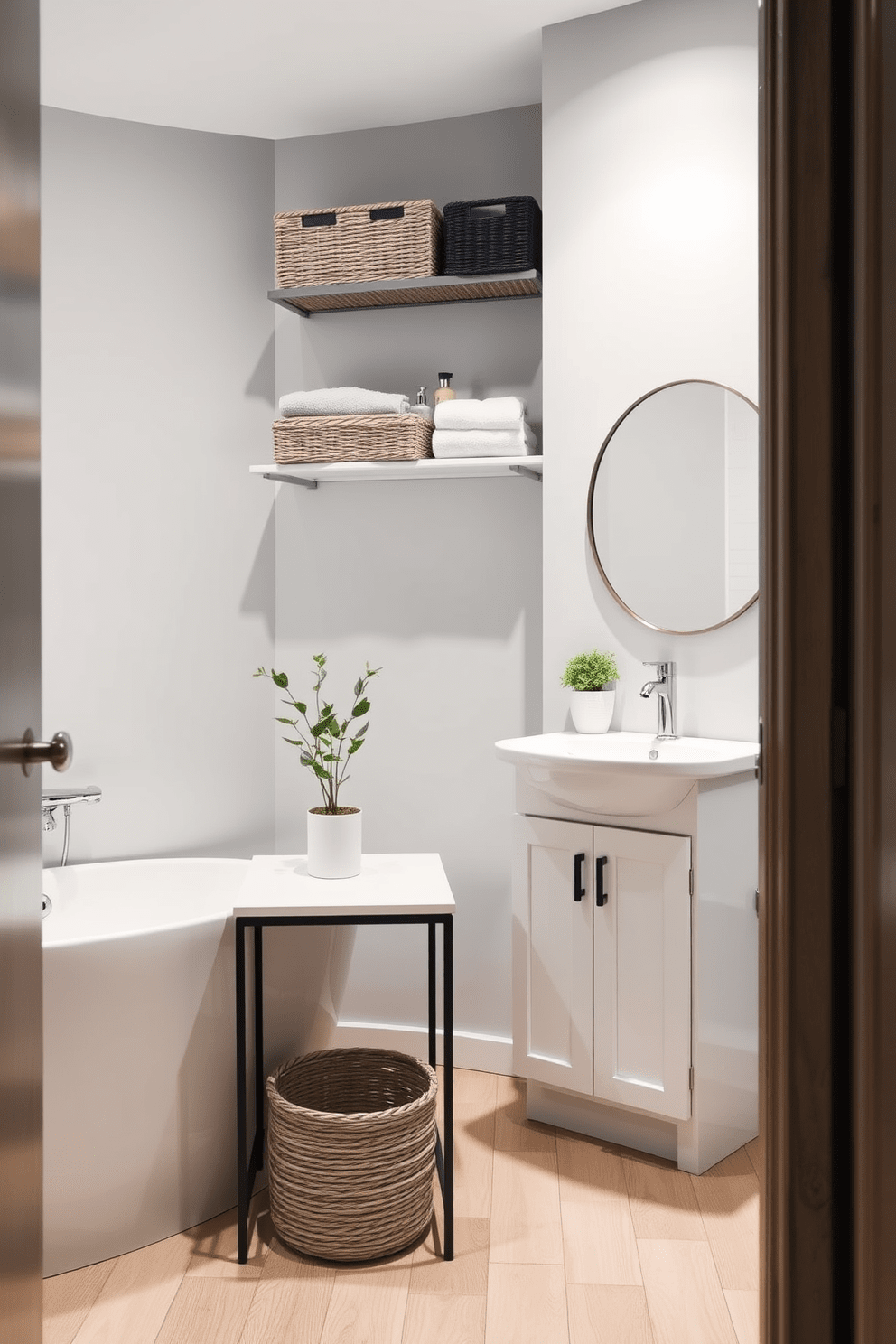 A stylish apartment bathroom featuring decorative baskets for organization. The walls are painted in a soft gray tone, and the floor is adorned with light-colored wooden tiles. A sleek white bathtub is positioned against one wall, complemented by a modern chrome faucet. Above the bathtub, a floating shelf holds neatly arranged decorative baskets filled with toiletries and towels. A compact vanity with a round mirror sits opposite the bathtub, showcasing a minimalist design. The countertop is decorated with a small potted plant and a decorative basket for easy access to daily essentials.