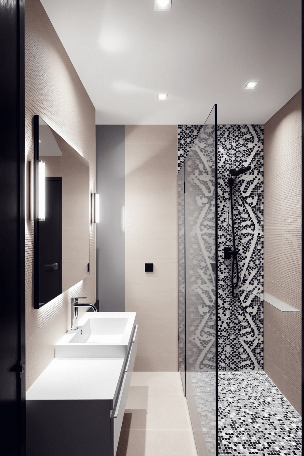 A stylish apartment bathroom featuring wall-mounted lighting fixtures that illuminate the space. The design includes a sleek floating vanity with a modern sink and a large mirror that enhances the room's brightness. The walls are adorned with textured tiles in neutral tones, creating a calming atmosphere. A glass shower enclosure showcases beautiful mosaic tiles, adding a touch of elegance to the design.