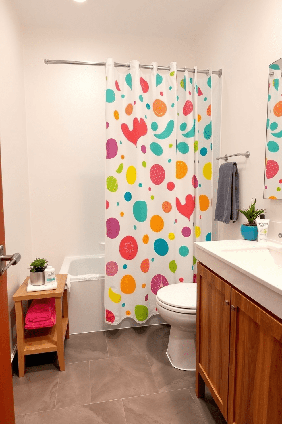 A vibrant apartment bathroom features a colorful shower curtain adorned with playful patterns that add a lively touch to the space. The walls are painted in a soft white, complementing the bright hues of the shower curtain while creating a fresh and inviting atmosphere. The flooring consists of sleek grey tiles that provide a modern contrast to the cheerful decor. A compact wooden vanity with a polished countertop is positioned against one wall, topped with essential toiletries and a small potted plant for a touch of greenery.