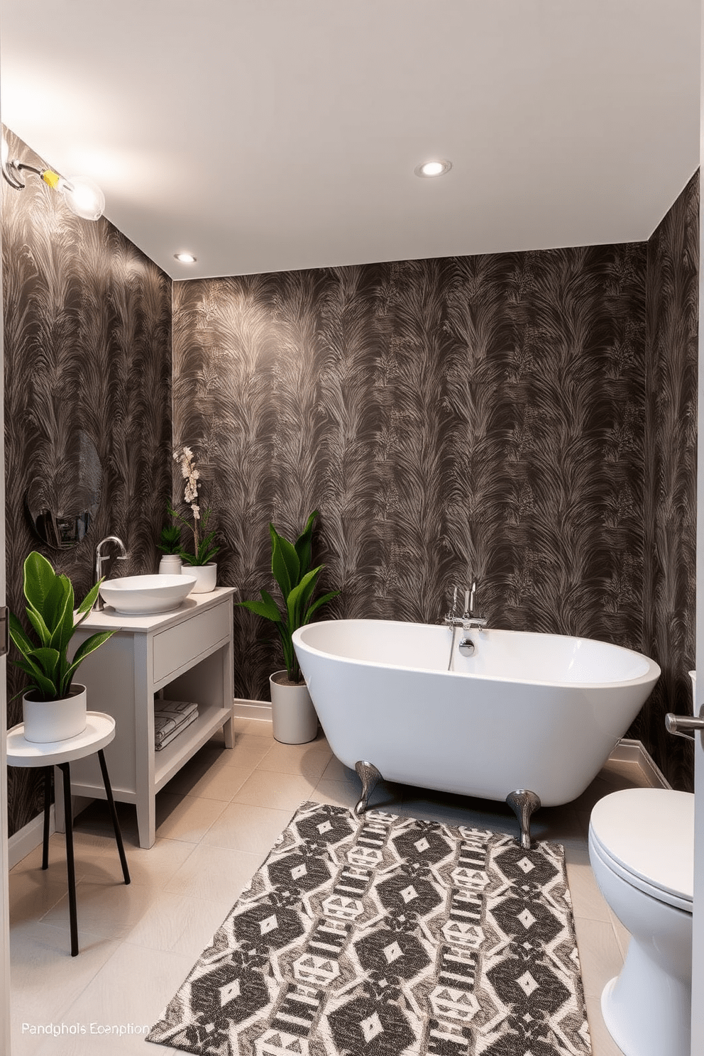 A stylish apartment bathroom featuring peel-and-stick wallpaper that adds a vibrant touch to the space. The design includes a sleek freestanding tub with modern fixtures, complemented by a geometric patterned rug on the floor. To the left, a compact vanity with a round mirror creates an inviting atmosphere. Soft lighting fixtures above the sink enhance the overall ambiance, while potted plants bring a refreshing element to the decor.