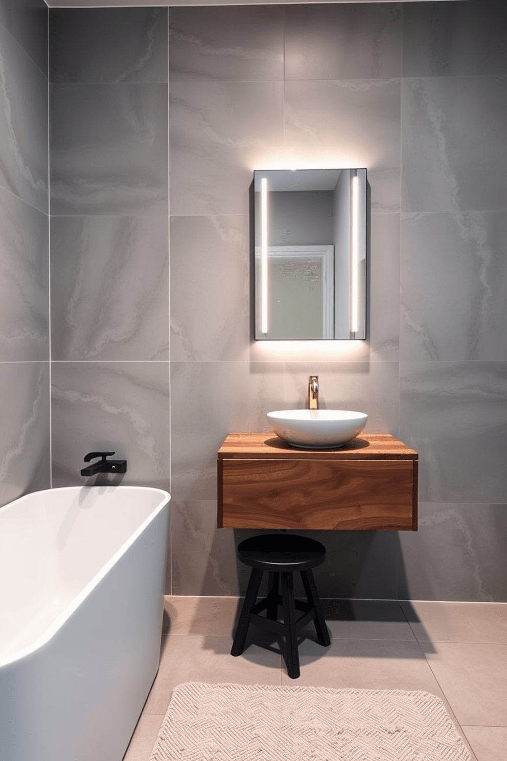 A modern apartment bathroom featuring a sleek white bathtub with a matte black faucet. The walls are adorned with large format tiles in a soft gray, and a stylish small stool sits beside the tub for convenience. A floating vanity made of reclaimed wood showcases a vessel sink and a wall-mounted mirror with integrated lighting. Soft, ambient lighting creates a warm atmosphere, complemented by a plush bath mat in a neutral tone.