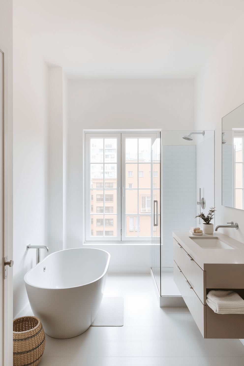 A bright and airy apartment bathroom featuring soft white walls and light wood accents. The spacious layout includes a freestanding soaking tub positioned beneath a large window that allows natural light to flood the space. A sleek glass shower enclosure is designed with minimalist fixtures, complemented by a floating vanity with a pale gray countertop. Decorative elements include a woven basket for towels and a small potted plant for a touch of greenery.